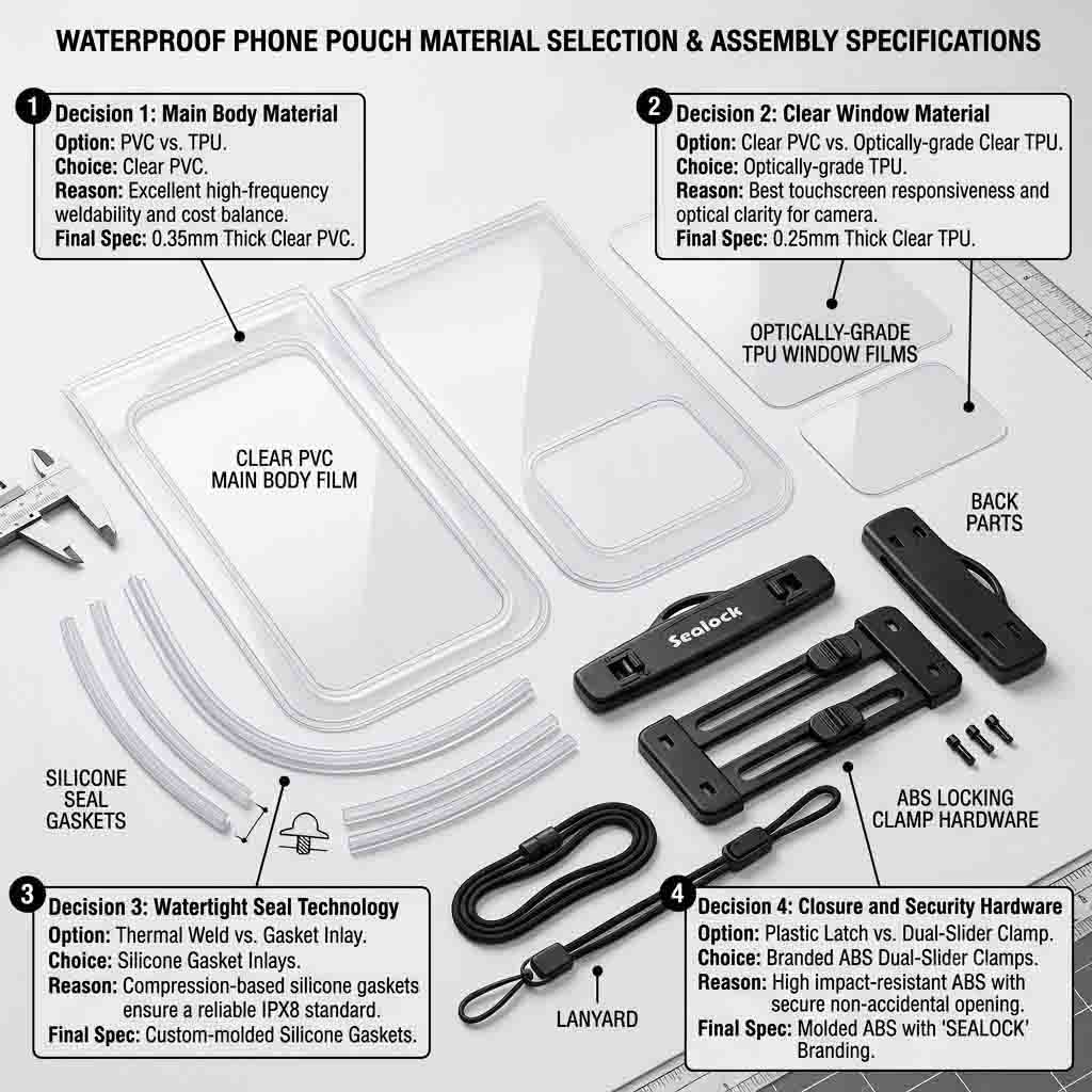 Clear PVC and TPU films, silicone gasket strip and ABS lock hardware laid out before assembly