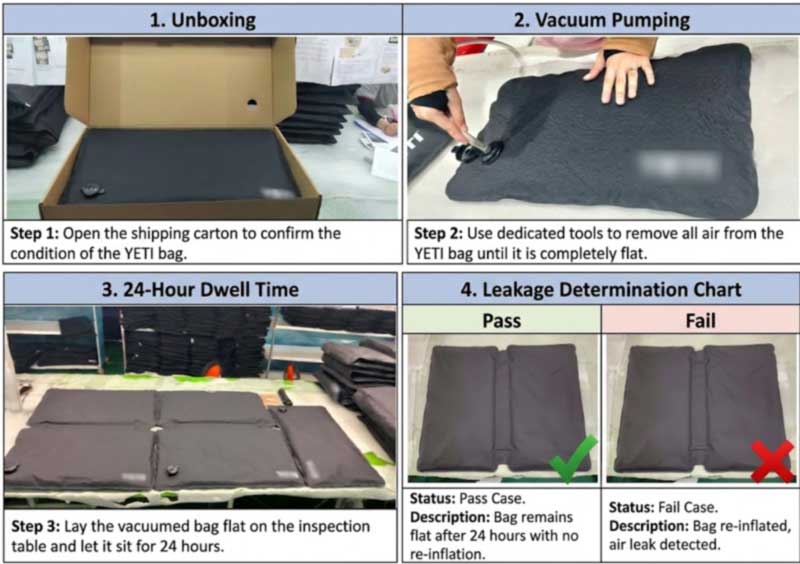 Unboxing, vacuum extraction and 24-hour static rest logged during dry bag customer inspection